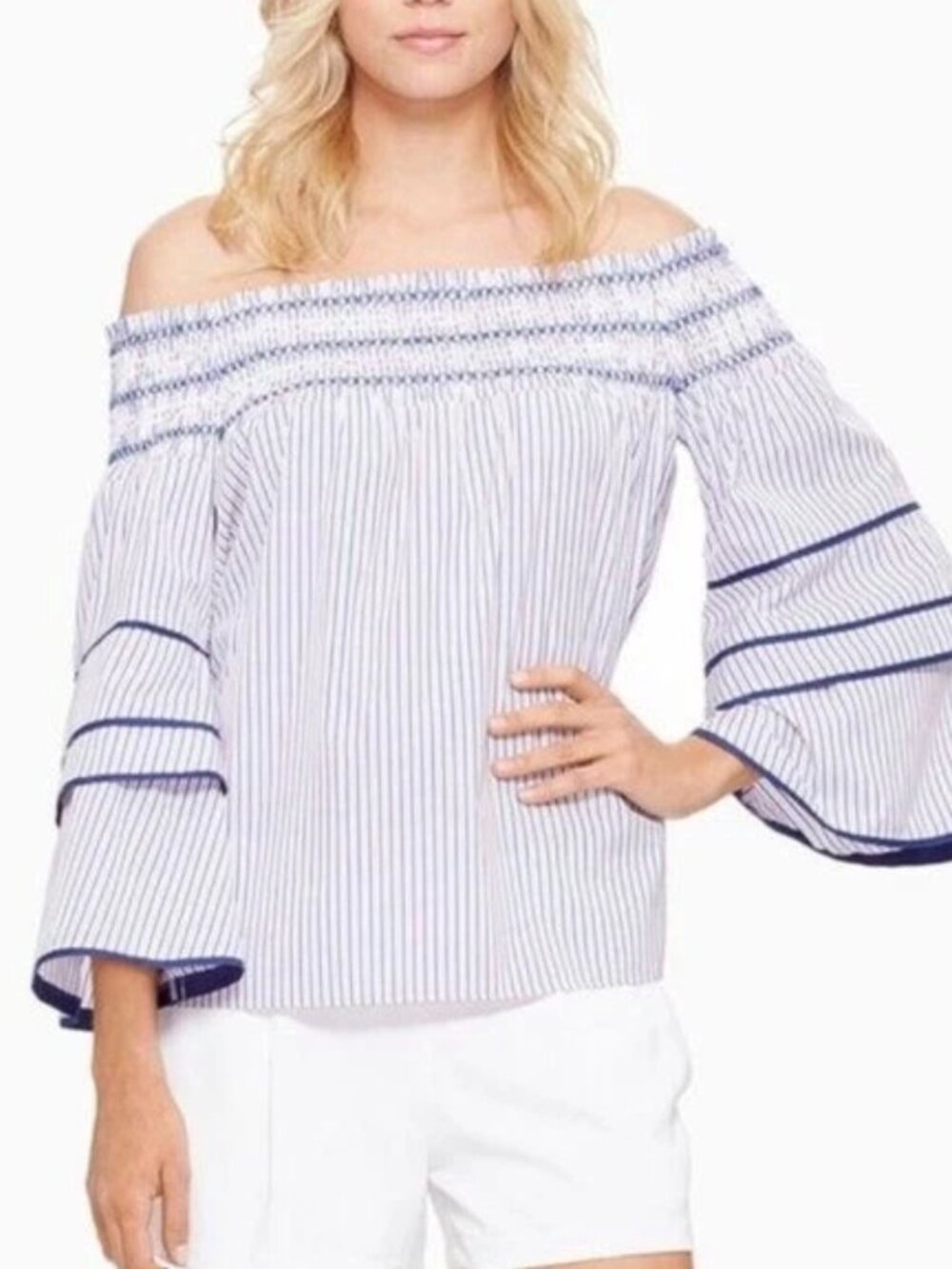 Parker Striped Off-Shoulder Bell-Sleeve Top XS